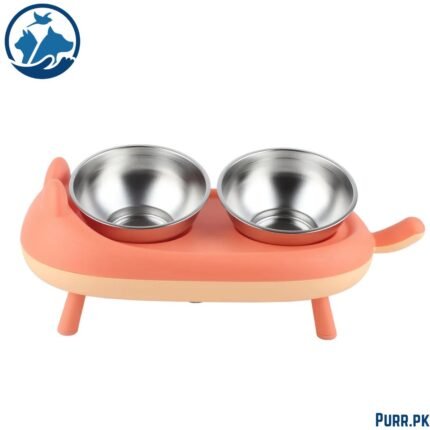 Cat Shaped Double Bowl With 2 Steel Bowls & Stand
